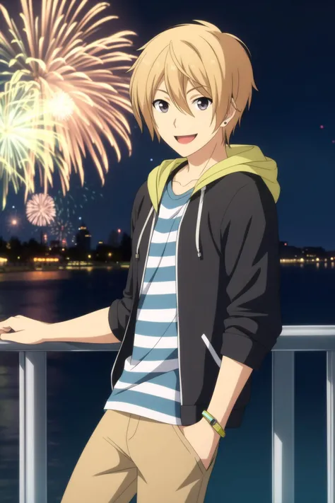 masterpiece, best quality, 1boy, cowboy shot, against railing, blonde hair, excited, smile, casual, black jacket, hooded jacket, striped t-shirt, brown pants, arms at sides, city, night, water, fireworks,