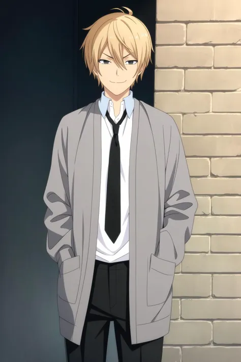 masterpiece, best quality, 1boy, upper body, standing, against wall, brick wall, blonde hair, smug, closed mouth, (oversized clothes, baggy clothes, untucked shirt), open grey cardigan, white shirt, loose black necktie, black pants, (hands in pockets),