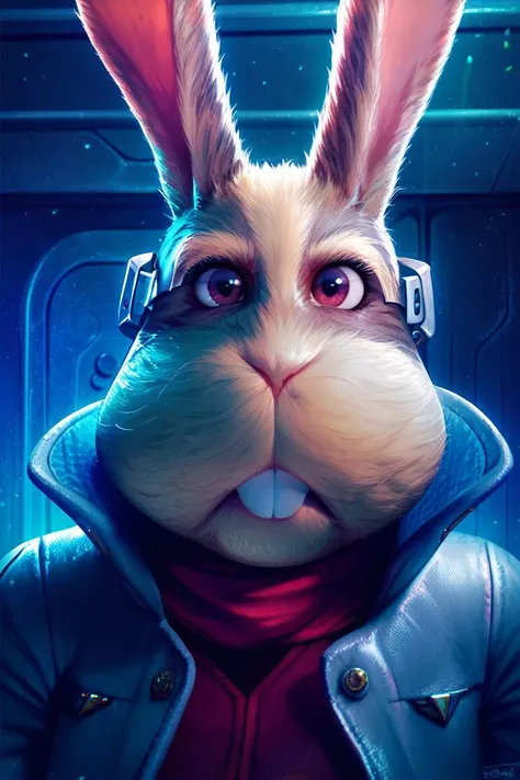 a rabbit with a jacket and a red scarf is looking at the camera