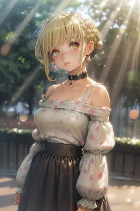 (masterpiece, best quality), 1girl, intricate details, print, earrings, freckles, upper body, bokeh, dappled sunlight, blonde, off shoulder, high-waist skirt, choker, looking at viewer, french braid, bangs, clothing cutout, glitter, particles, strap slip,