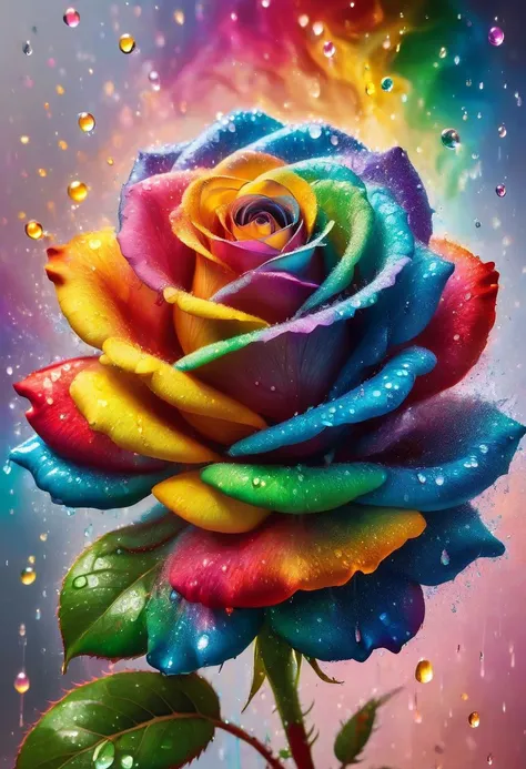 a rainbow rose with water droplets on it