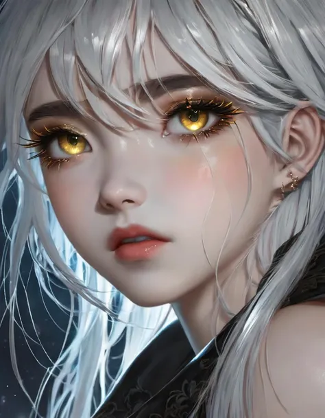 masterpiece, best quality, (1girl), artgerm
beautiful detailed eyes, tears, crying, awe, looking at viewer, upper body, white hair, yellow eyes, shy, catgirl, 
at night, moonlight, 
very detailed, high resolution, sharp, sharp image, 4k, 8k