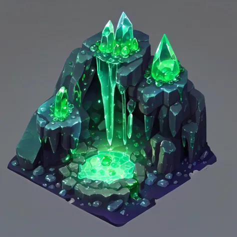 a close up of a small waterfall with green lights