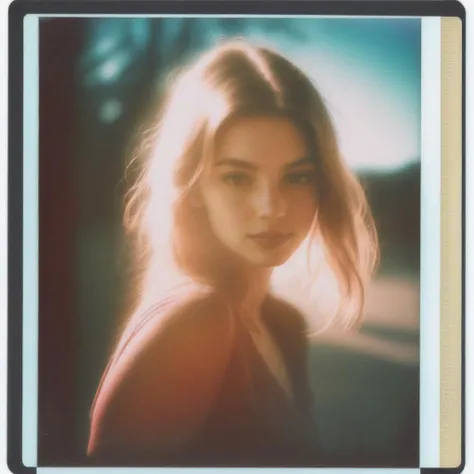 a candid Polaroid professional photograph of a young pretty woman, light leak, framed from the mid-thighs,