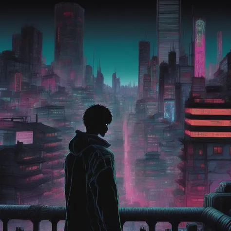 A man looking into a city, Cyberpunk style, neon, detailed, Junji Ito style, gruesome, unsettling, dark, gritty