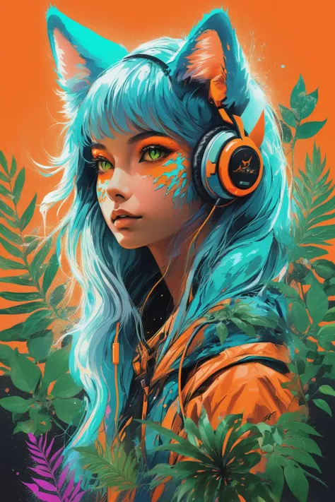 (masterpiece:1.1), (highest quality:1.1), (HDR:1.0), extreme quality, cg, (negative space), detailed face+eyes, 1girl, fox ears, animal ear fluff, (plants:1.18), (fractal art), (bright colors), splashes of color background, colors mashing, paint splatter, ...