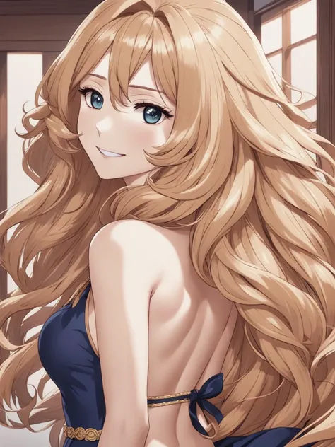 breathtaking anime screencap, beautiful woman, (big hair), undressing, seductive smile, looking at viewer, looking over shoulder <lora:xl_big_hair-1.0:0.8> . award-winning, professional, highly detailed