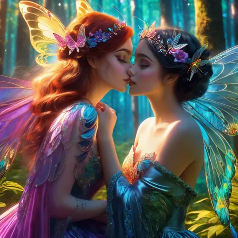 masterpiece best quality hyperdetailed breathtaking colorful glamorous scene of 2 faerie girls flying hugging joyful hopeful in the fantasy glowing forest, kissing, petite young body, beautiful detailed glamorous off the shoulder floral faerie dress, hyper...