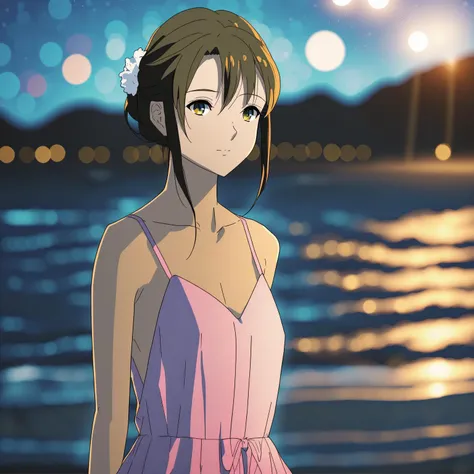 A anime screenshot of a girl wearing sundress on a beach at night. Looking at viewer, beautiful detailed eyes, bokeh, depth blur