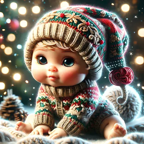 cartoon style <lora:SDXLChristmasSweater:0.8>,christmassweater,portrait,whool hat,Highly detailed,Dynamic shot of an adorable baby child,chibi,christmas backround,high quality,beautiful masterpiece,glowing sparkles,bokeh,complex composition,illustration,dr...