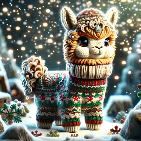 cartoon style,<lora:SDXLChristmasSweater:1>,christmassweater,Highly detailed,Dynamic shot of an adorable alpaca,kawaii,mountains backround,snow,high quality,beautiful masterpiece,glowing sparkles,bokeh,