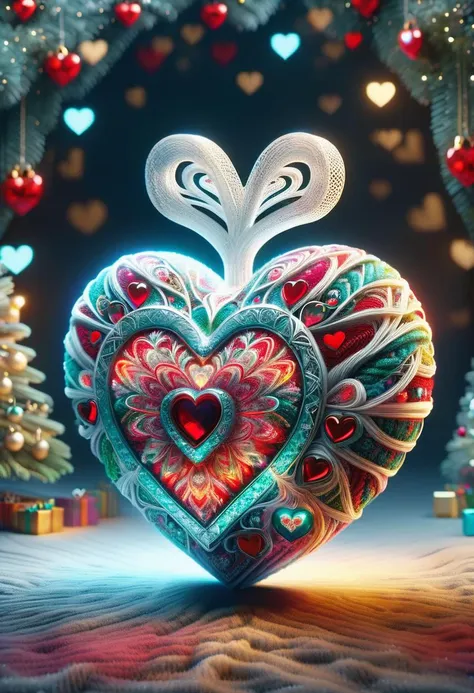 a heart shaped ornament with two hearts on it surrounded by christmas trees