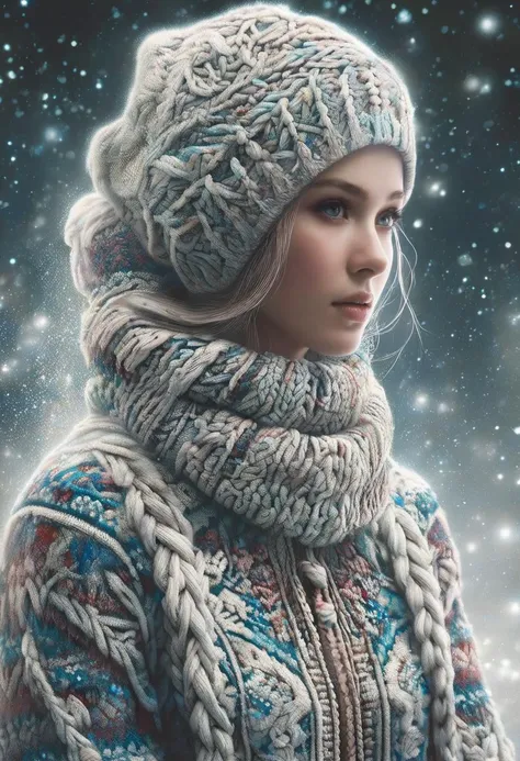 a close up of a woman wearing a knitted hat and scarf