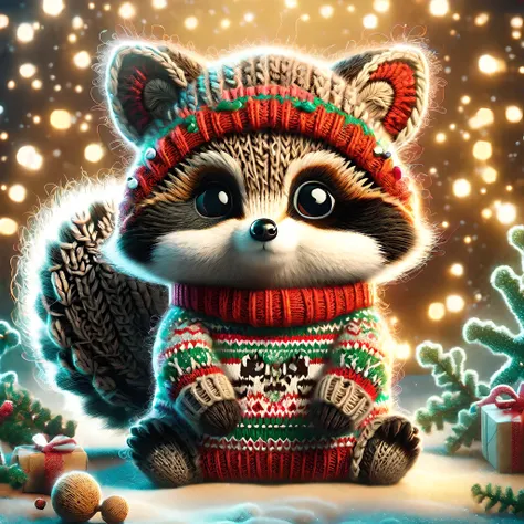 cartoon style <lora:SDXLChristmasSweater:1>,christmassweater,Highly detailed,Dynamic shot of an adorable racoon,kawaii,christmas backround,high quality,beautiful masterpiece,glowing sparkles,bokeh,