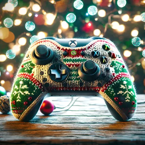 xbox controller,christmas backround,high quality,beautiful masterpiece,fairy lights,bokeh,<lora:add-detail-xl:1>,Highly detailed,Dynamic shot,<lora:SDXLChristmasSweater:0.8>,christmassweater,