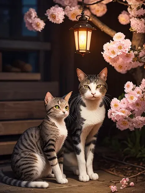 a cat looking to the lighted lantern on a pink blossom, in the style of naturalist aesthetic, reimagined by industrial light and magic, light amber, caninecore, anime aesthetic, slim aarons, combining natural and man-made elements