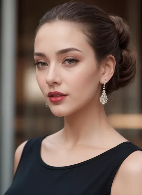 a woman with a black dress and earrings standing outside