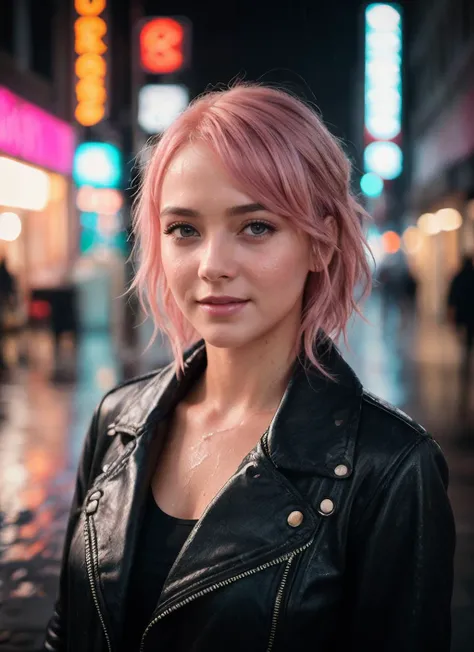 HDR, 8K resolution, intricate detail, sophisticated detail, depth of field, photorealistic, sharp focus, closeup portrait of 1girl as a cyberpunk detective, pink hair, (wet hair), (raining), rainy cyberpunk city at night, neon signs,smiling, (highly detail...