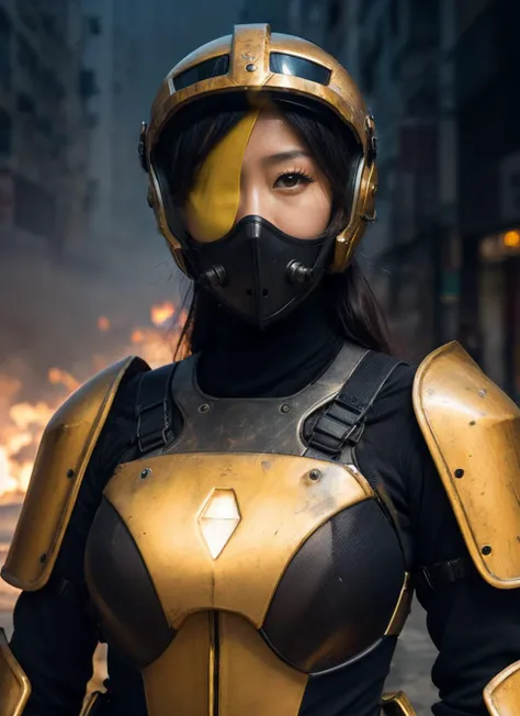 HDR, 8K resolution, intricate detail, sophisticated detail, depth of field, photorealistic, sharp focus, (closeup portrait) of asian woman, wearing power armor, ((carbon fiber)), helmet, on the streets, dystopian street, (smoke), detailed, cinematic compos...