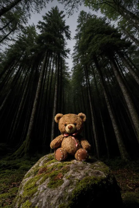 Enchanted forest scene featuring a teddy bear, placed on a moss-covered rock amidst tall trees and magical fireflies, under the moonlit sky, mystical atmosphere, shot with a Sony A7III camera