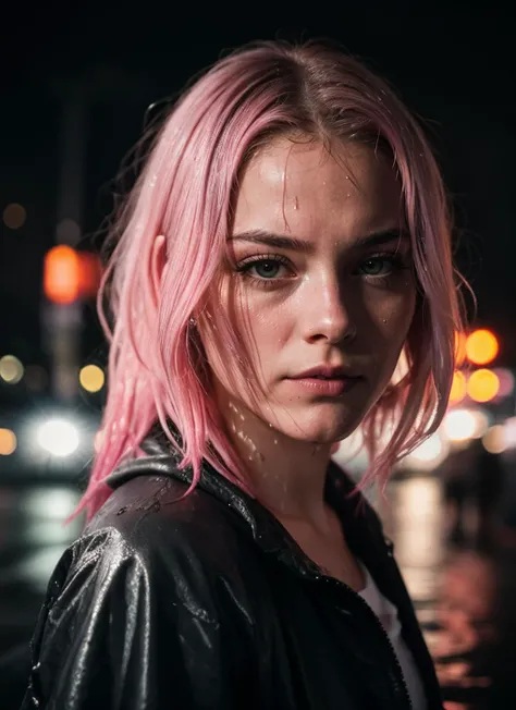 closeup portrait of 1girl, pink hair, mysterious expression, sweaty, rainy cyberpunk city at night, neon signs, sharp focus, photograph, dramatic lighting,