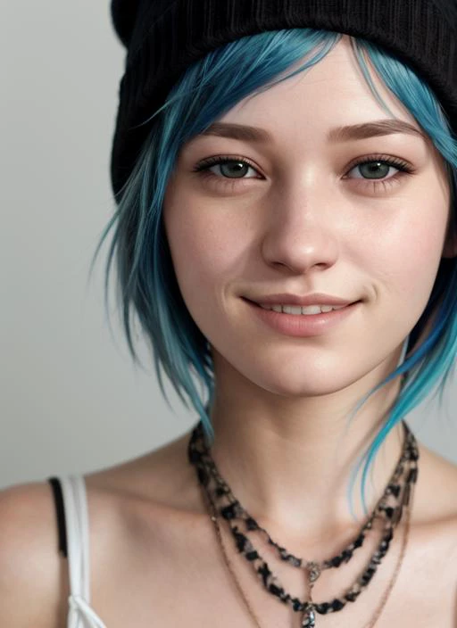 HDR, 8K resolution, intricate detail, sophisticated detail, depth of field, photorealistic, sharp focus, medium portrait of 1girl, chloeprice, (blue hair), short hair, brown eyes, Black beanie, smile, looking at viewer, at stream, butterfly filigree, broke...