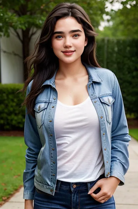 photograph of jg-jc0n, an effortlessly beautiful girl next door wearing a plain tshirt and jacket, (happy excited smile), jeans, photoreal, hyperrealism, best quality, (natural skin texture, highly detailed face), masterpiece, sharp focus, absurdres, by ar...