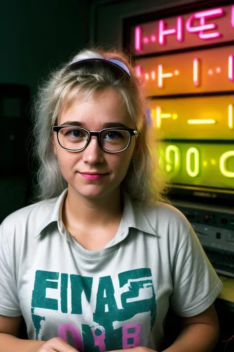 Masterpiece, epic quality, 8K RAW photo, epic detail, very detailed, 80s, 80s setting, neon background light, photograph of a 30 years old nerdy girl, in a dark room, behind a old Windows 95, desktop computer, blond grey hair, unwashed hair, sticky hair, b...