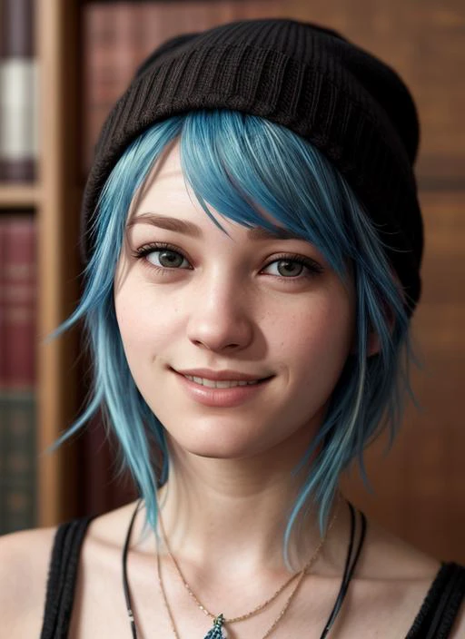 HDR, 8K resolution, intricate detail, sophisticated detail, depth of field, photorealistic, sharp focus, medium portrait of 1girl, chloeprice, (blue hair), short hair, brown eyes, Black beanie, smile, looking at viewer, at library, (surrounded by butterfly...