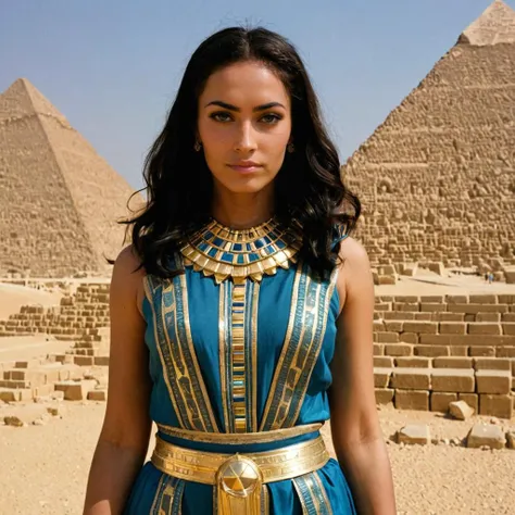 close-up photo of a woman, wearing a conservative egyption queen outfit, in front of a pyramid, looking at camera, <lora:megfox_xl_1_standard_merger_23_41_07_03:1>