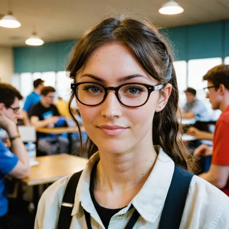 close-up photo of a woman, wearing a nerdy outfit, at a geek club, sunny, looking at camera, <lora:megfox_xl_1_standard_merger_23_41_07_03:1>