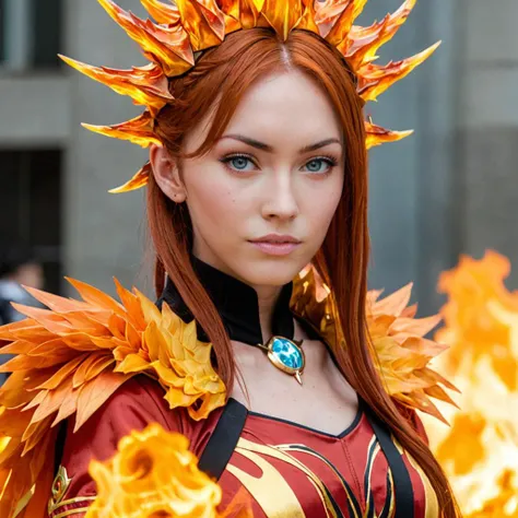 close-up photo of a woman as an anime character, wearing a fire queen outfit, looking at camera, <lora:megfox_xl_1_standard_merger_23_41_07_03:1>