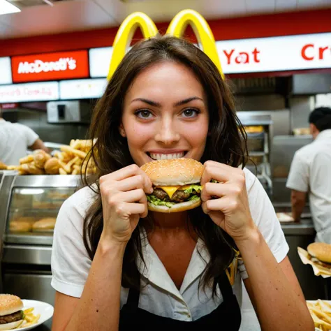 photo of a woman, happy to the point that its scary, at mcdonalds, burgers everywhere, looking at camera, <lora:megfox_xl_1_standard_merger_23_41_07_03:1>