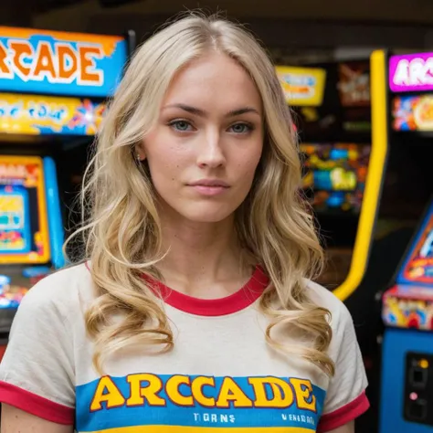 close-up photo of a woman, blonde hair, wearing a arcade themed shirt, looking at camera, <lora:megfox_xl_1_standard_merger_23_41_07_03:1>