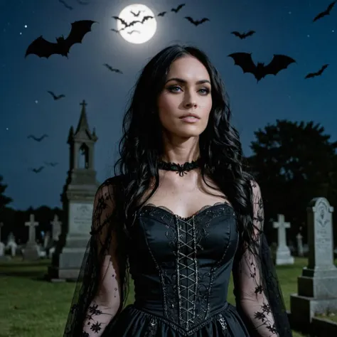 close-up photo of a woman, black hair, wearing a highly detailed gothic dress, at a cemetery, nighttime, bats in the air, spooky vibe,  <lora:megfox_xl_1_standard_merger_23_41_07_03:1>