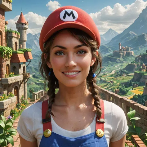 concept art close-up photo of a woman as mario, joyful, at a place in mario, looking at viewer,  <lora:megfox_xl_1_standard_merger_23_41_07_03:1> . digital artwork, illustrative, painterly, matte painting, highly detailed