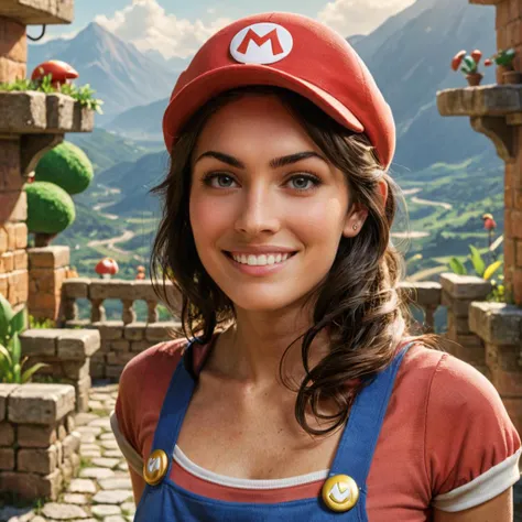 concept art close-up photo of a woman as mario, joyful, at a place in mario, looking at viewer,  <lora:megfox_xl_1_standard_merger_23_41_07_03:1> . digital artwork, illustrative, painterly, matte painting, highly detailed