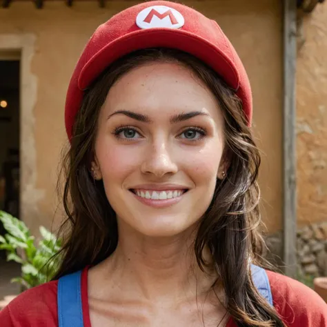 close-up photo of a woman as mario, joyful, at a place in mario, looking at viewer,  <lora:megfox_xl_1_standard_merger_23_41_07_03:1>