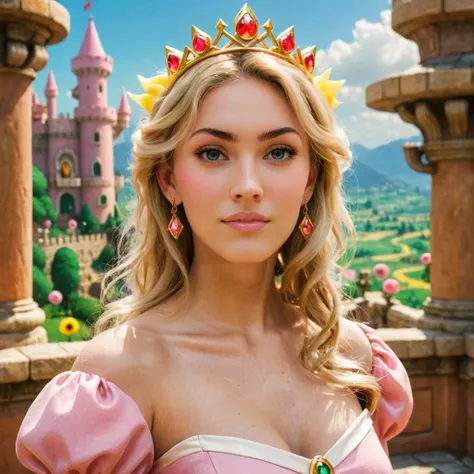 concept art close-up photo of a woman as princess peach, joyful, at a place in mario, looking at viewer,  <lora:megfox_xl_1_standard_merger_23_41_07_03:1> . digital artwork, illustrative, painterly, matte painting, highly detailed