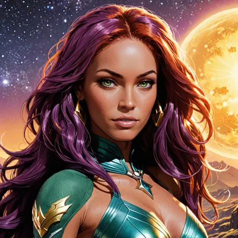 comic close-up photo of a woman as starfire, at planet tamaran, looking at viewer,  <lora:megfox_xl_1_standard_merger_23_41_07_03:1> . graphic illustration, comic art, graphic novel art, vibrant, highly detailed