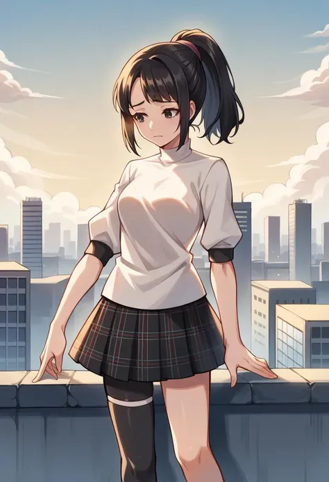 score_9, score_8_up, score_7_up, source_anime BREAK 1girl, solo, <lora:zs_ShihoXL:1> shihop5, black hair, ponytail, shirt, plaid skirt, bike shorts, asymmetrical legwear, rooftop, cityscape, cloudy sky, sad