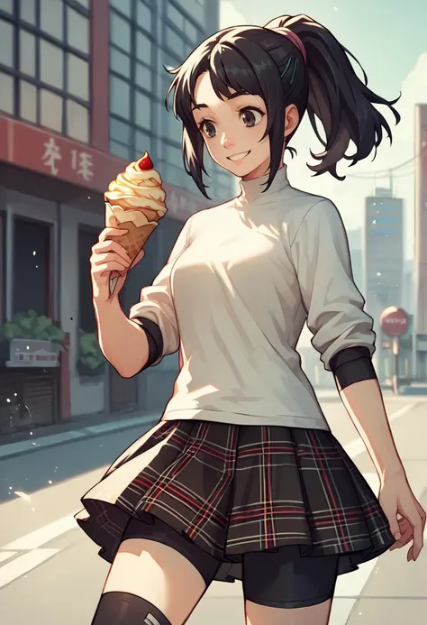 score_9, score_8_up, score_7_up, source_anime, 1girl, smile, <lora:zs_ShihoXL:1> shihop5, black hair, ponytail, shirt, plaid skirt, bike shorts, asymmetrical legwear, city, holding crepe