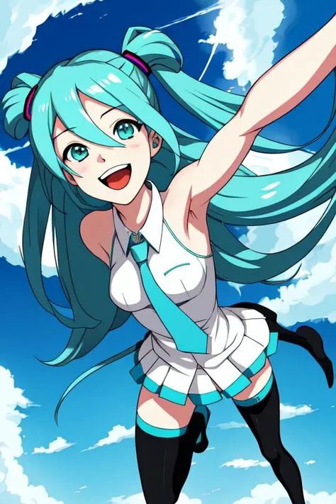 masterpiece, best quality, highres, (absurdres:1.2), 
1girl, full body, smile, open mouth, looking at viewer, hatsune miku, 
 <lora:cosplays_style_v01:-0.5>