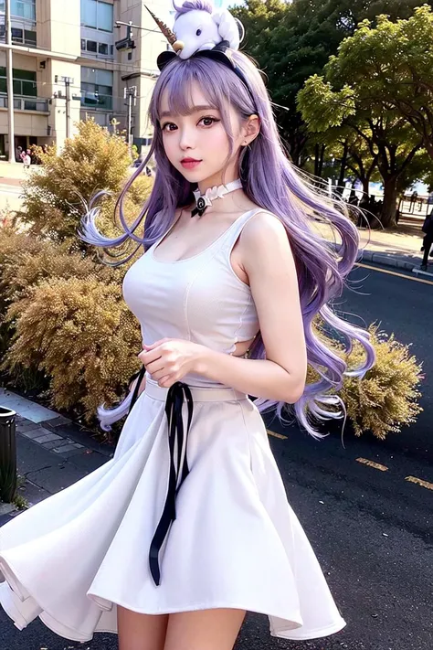 araffe girl with purple hair and a white dress posing for a picture