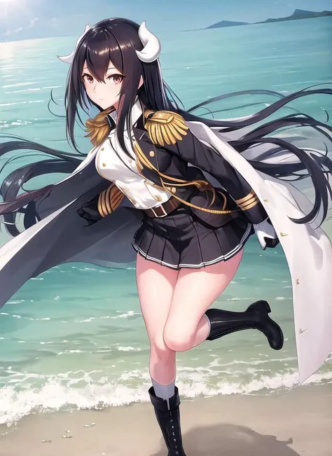 (ultra detailed),(masterpeace),(best quality),(photorealistic), beautiful lighting,CG,(colour:1.2),outdoor,beach,solo,looking at viewer, <lora:mikasa_azurlane_V1:1>,mikasa_(azur_lane) ,Black hair,white_gloves,epaulettes,long_hair,sidelocks,white socks,boot...