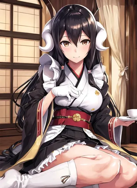 (ultra detailed),(masterpeace),(best quality),(photorealistic), beautiful lighting,CG,(colour:1.2),indoor,cafe,solo,looking at viewer, <lora:mikasa_azurlane_V1:1>,mikasa_(azur_lane) ,Black hair,long_hair,sidelocks,white socks,boots,kimono,hakama,maid,maid ...