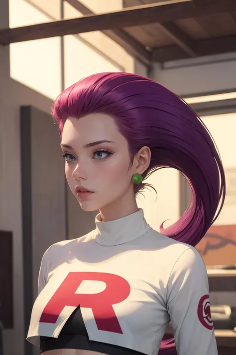 (masterpiece, best quality), 1girl, beautiful face,   <lora:jessie_pokemon:1> jessie_pokemon, earrings, team rocket uniform, crop top, very long hair, purple hair, hair slicked back