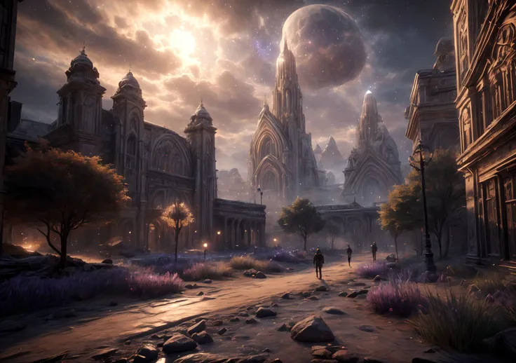 a picture taken from a video game of a city with a giant moon in the sky