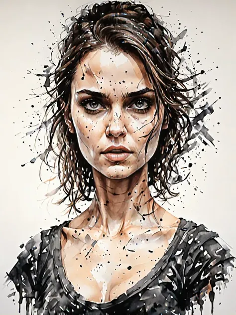 (Rachael Leigh Cook:0.9), ink drawing of a girl by Pixar Concept Artists, in the style of hyper-realistic sci-fi, detailed perfection, hyper-realistic details, realistic woman figures, busty, heavy use of palette knives, hyper-realistic pop, frayed, <lora:...