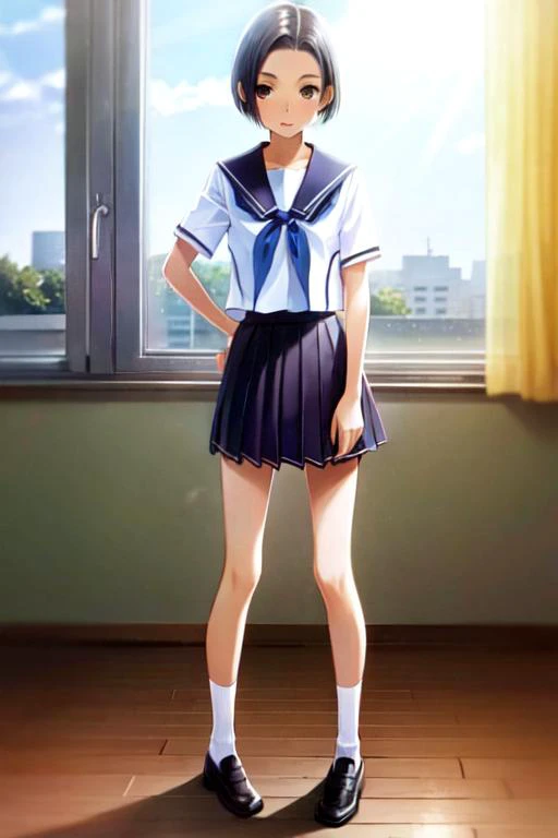 masterpiece, (high quality:1.2), high-definition, 8k, official art, masterpiece, ultra detailed, 8k, intricate details, best quality, beautiful_detailed_eyes, perfect face,1girl, solo, kobayakawa rinko, 
bob cut, short hair, black hair, brown eyes, flat ch...